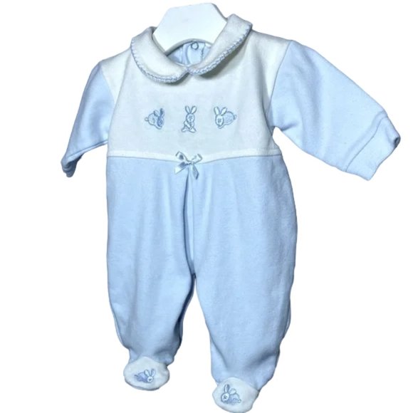 Embroidered Bunny Cotton Footie with Peter Pan Collar Made in Portugal 1 Month - Picture 6 of 6